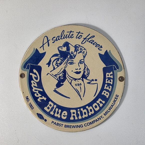 RARE PABST BLUE RIBBON BEER SALUTE LADY DEALER PORCELAIN SIGN WISCONSIN
